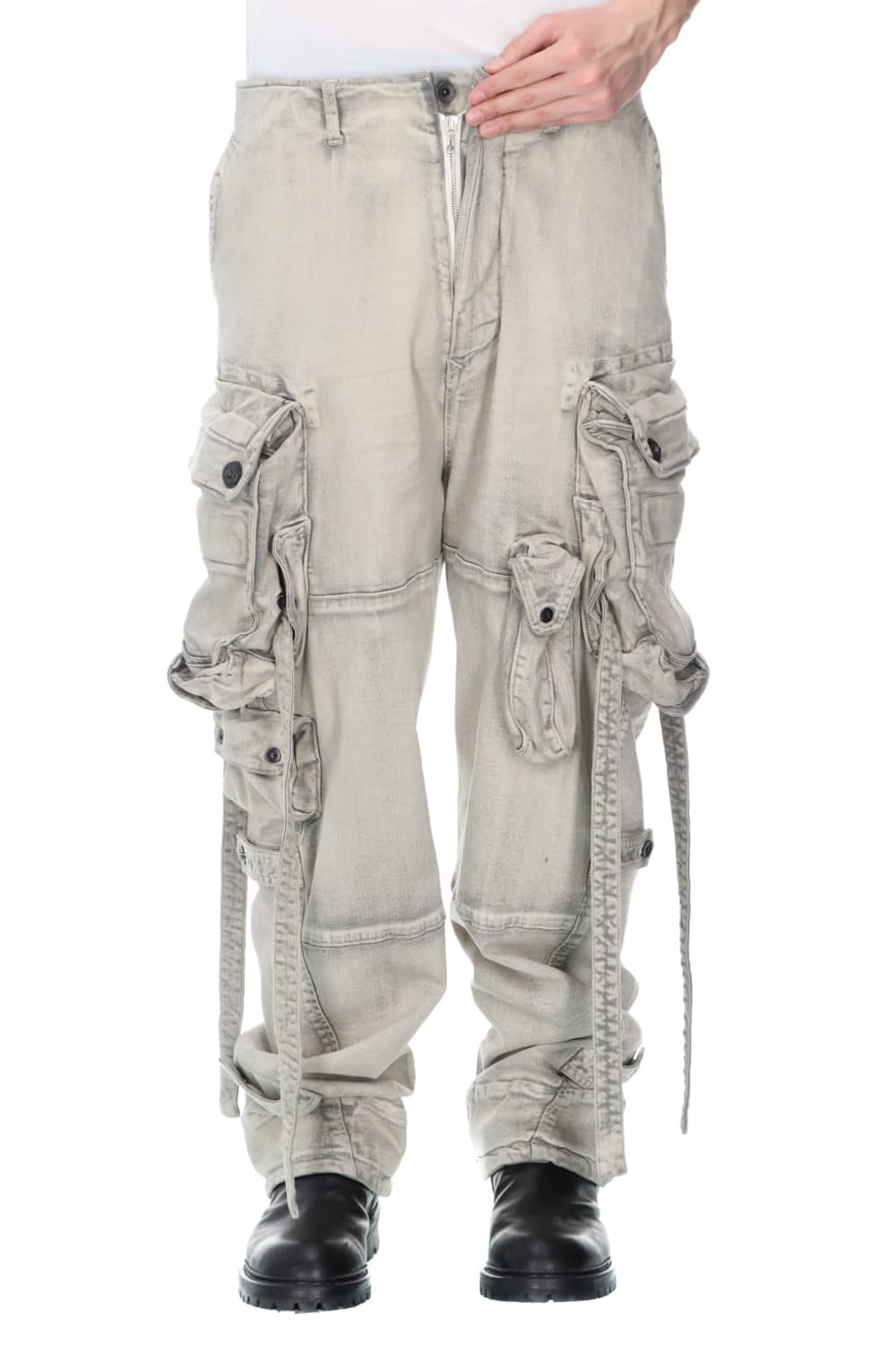 Bleached denim Gas mask Cargo pants Plaster