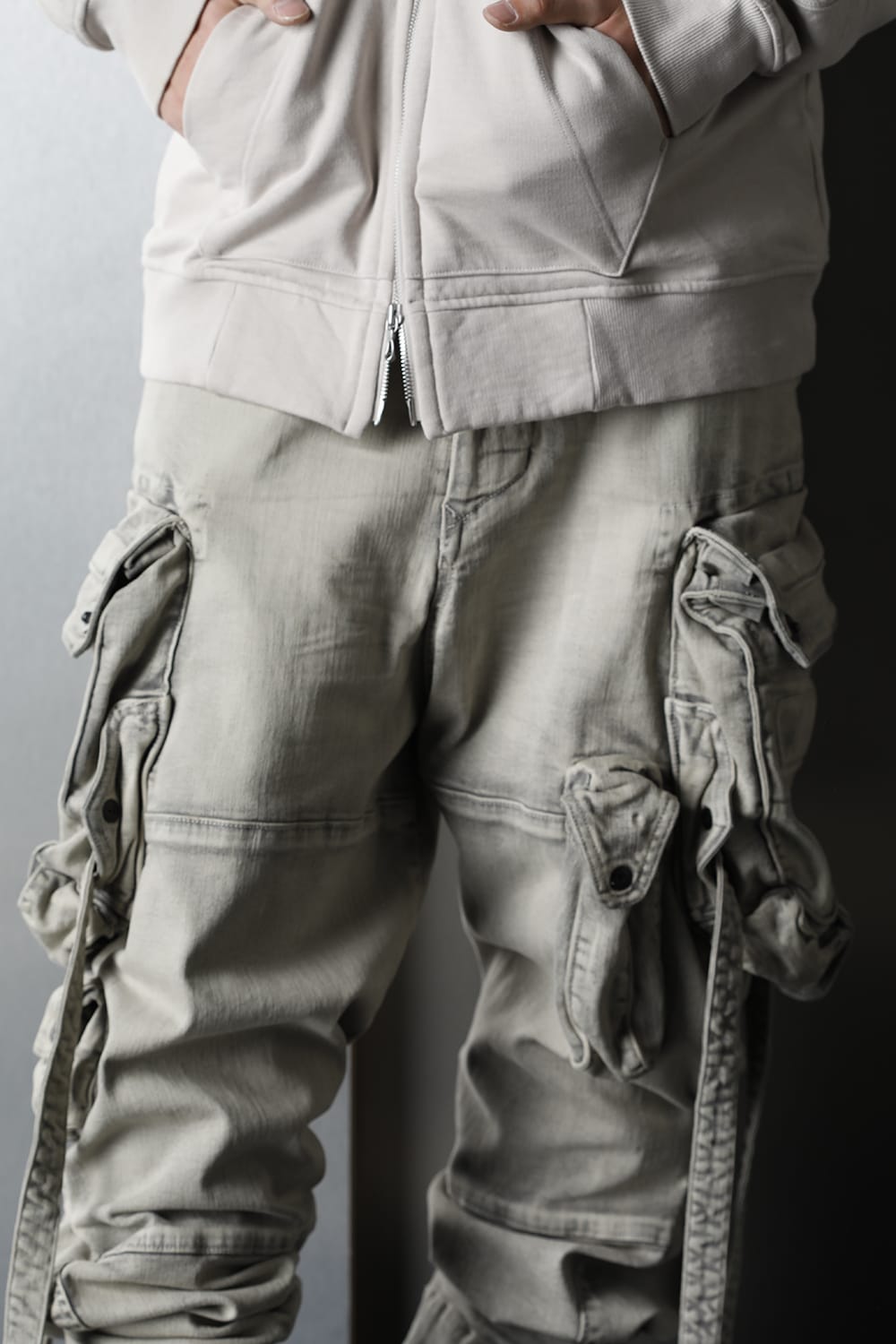 Bleached denim Gas mask Cargo pants Plaster