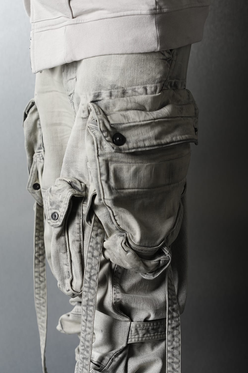 Bleached denim Gas mask Cargo pants Plaster