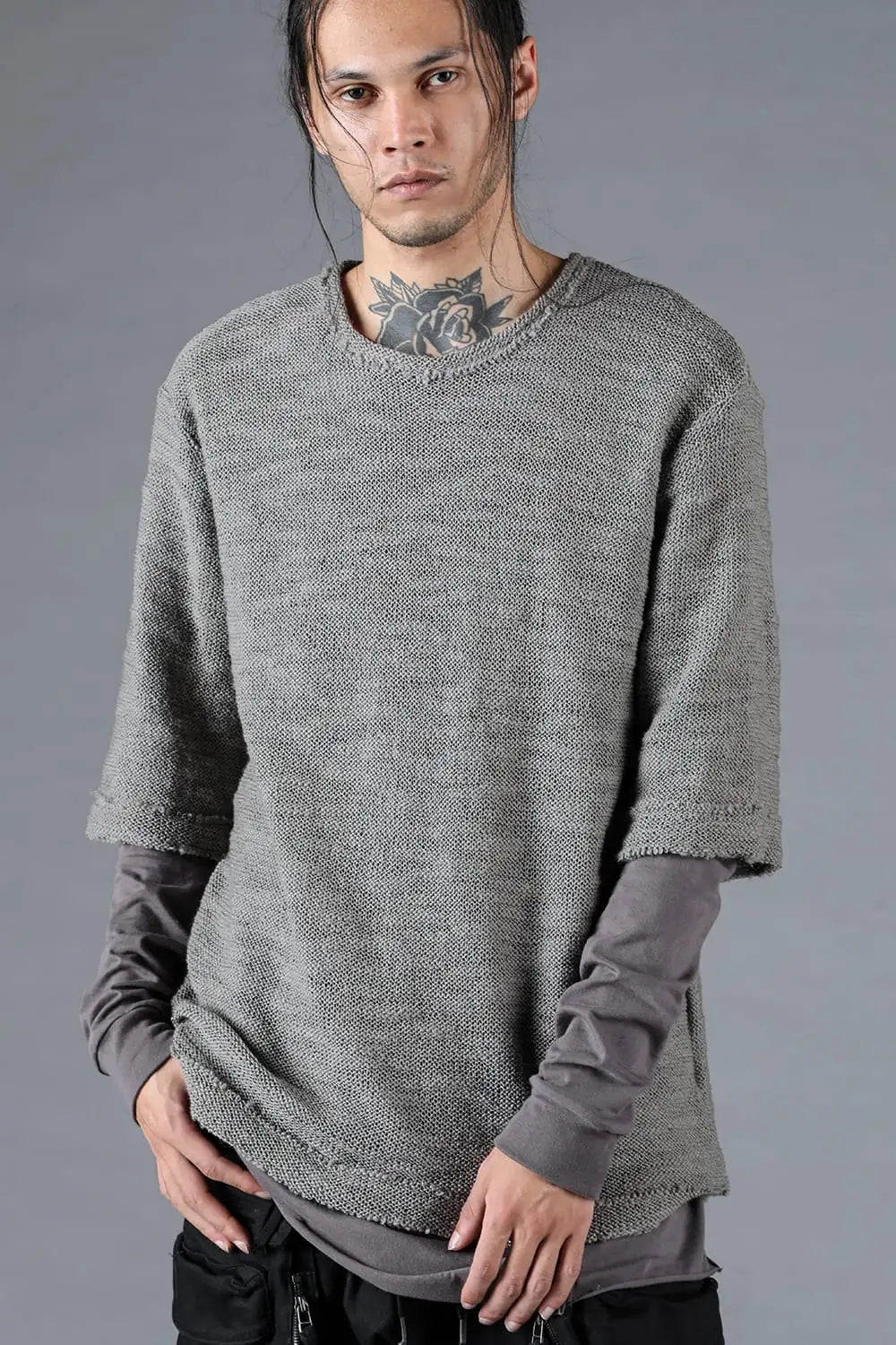 ローゲージニット×コットンジャージレイヤードTシャツ グレー