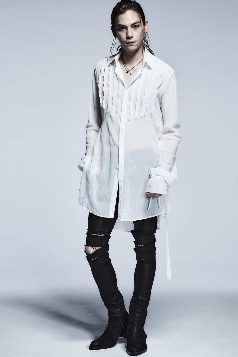 Shirring Sleeve Long Shirts White