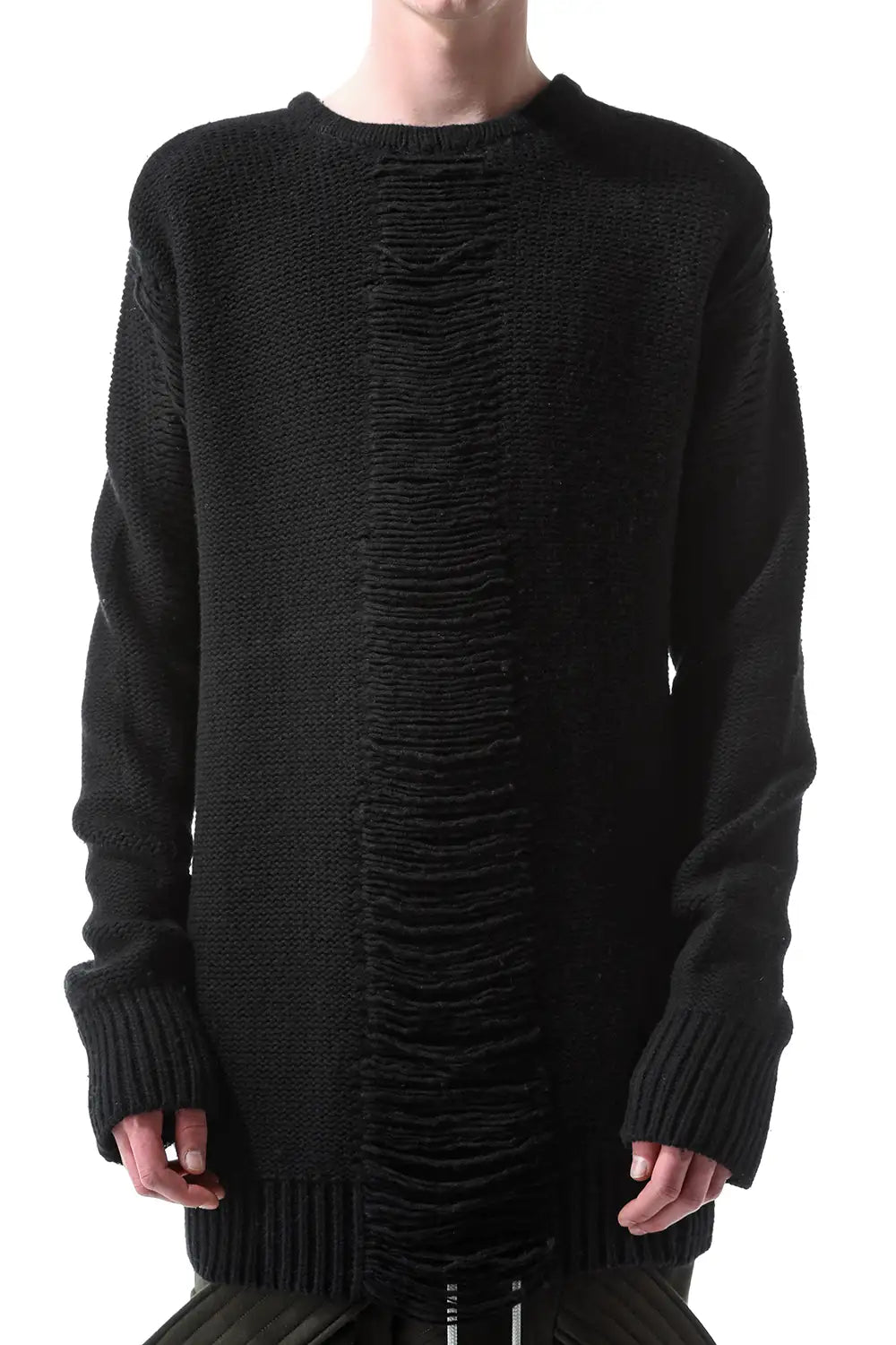 Distressed Merino Wool Knit Pullover Black