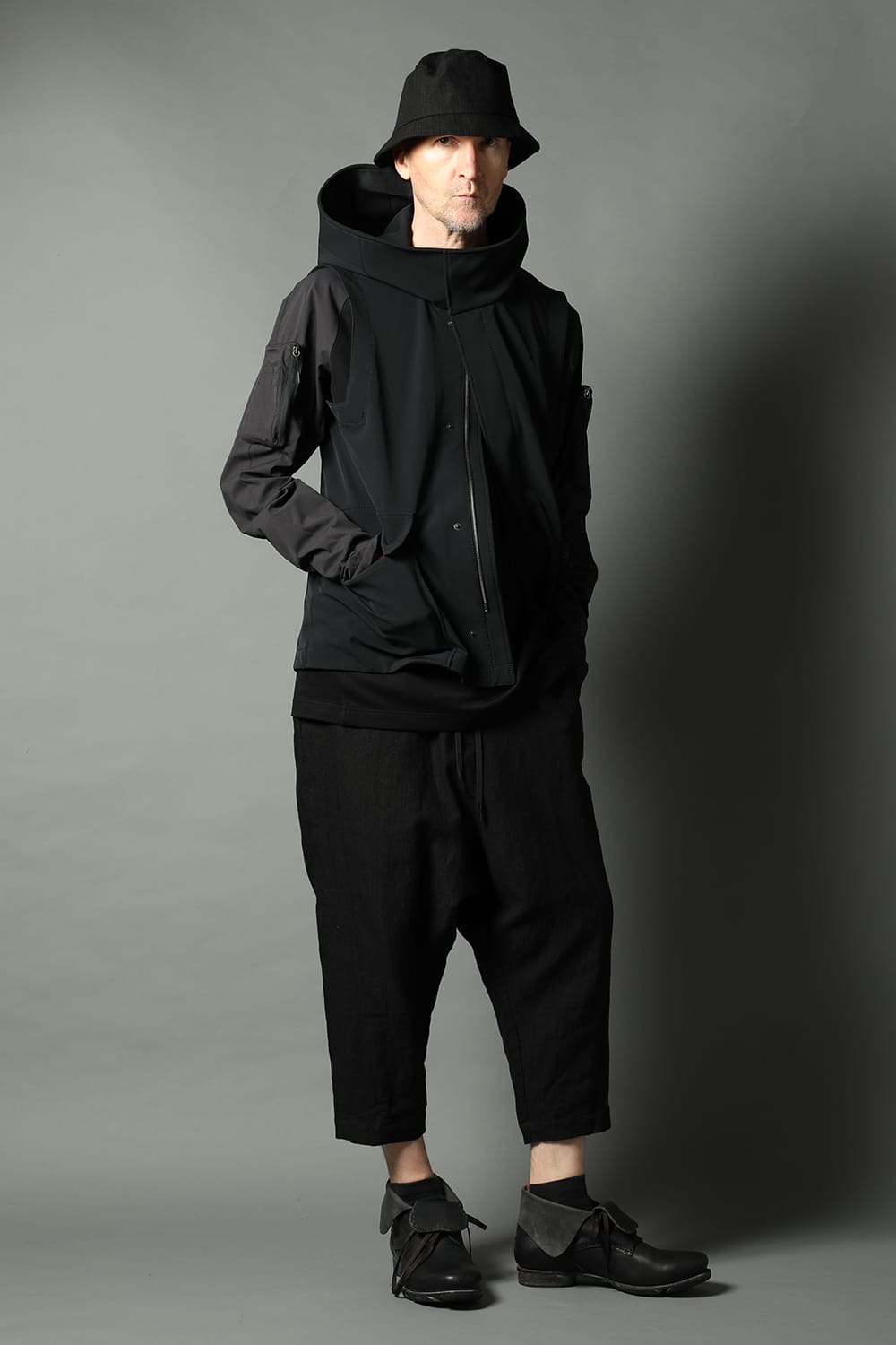 Drop crotch cropped pants cotton ramie shrink