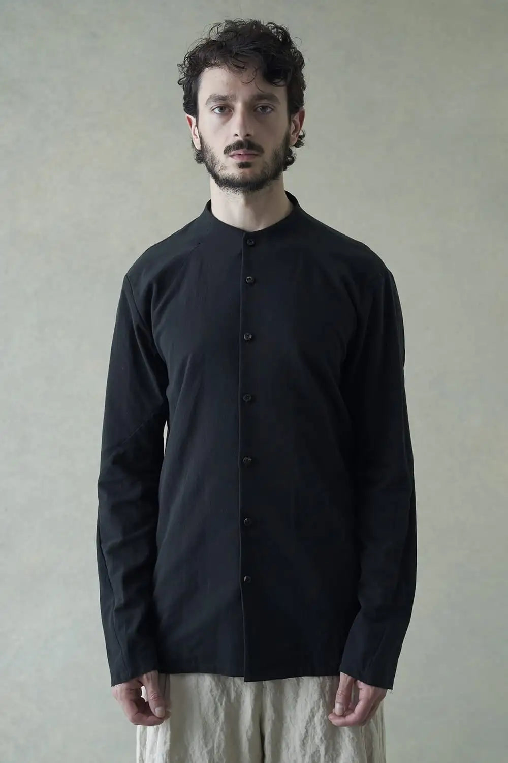 ノーカラーシャツ コットンリネン