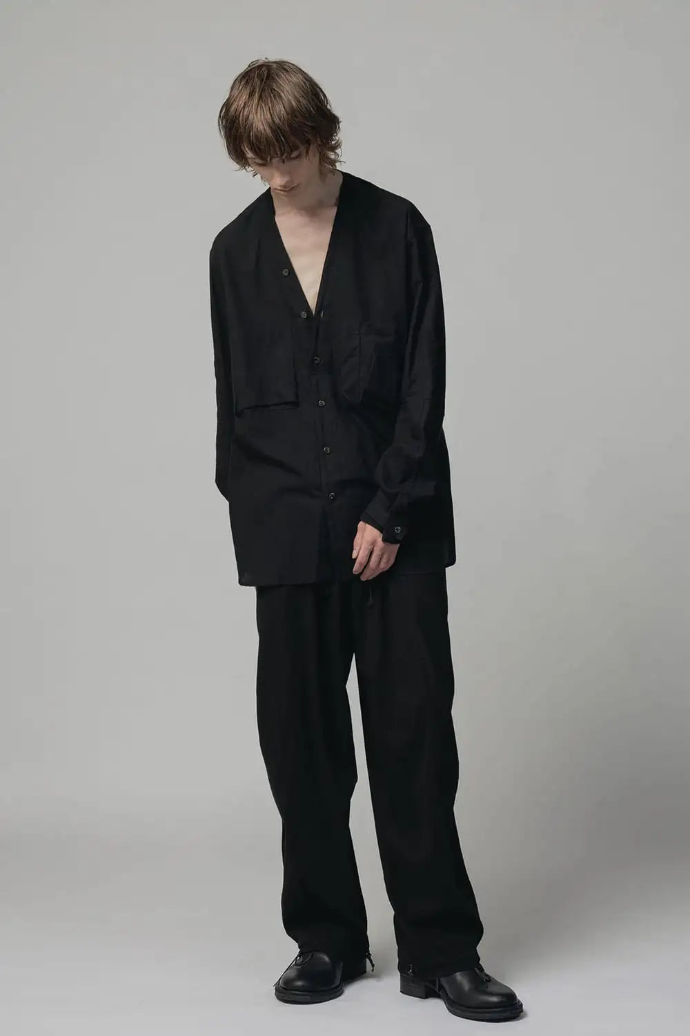 Cotton/Linen V Shirt  Black