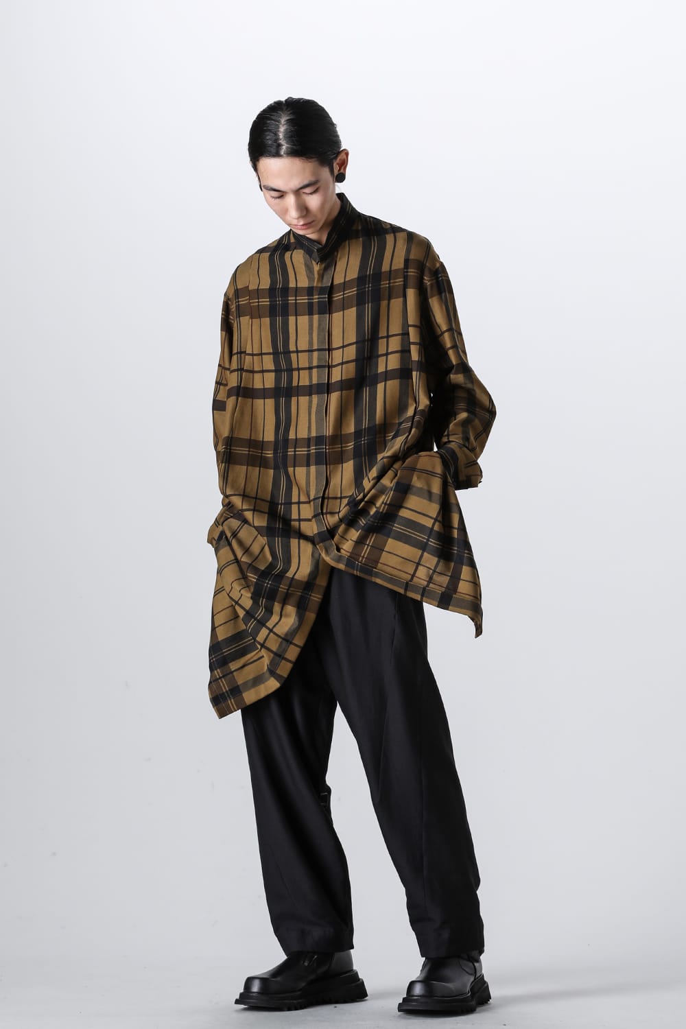 Rayon / Silk Check Jacquard Long Shirt