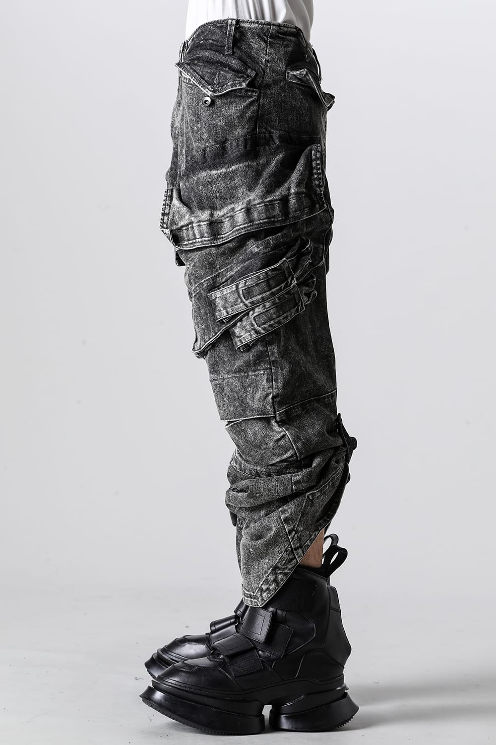 10.5oz Stretch Denim Wide Cargo Pants Acid Gray