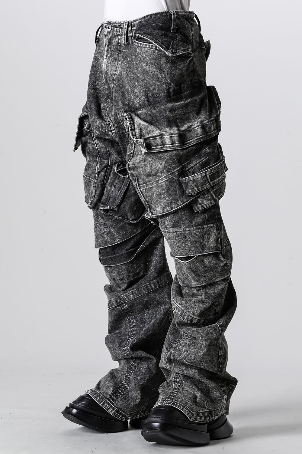 10.5oz Stretch Denim Wide Cargo Pants Acid Gray