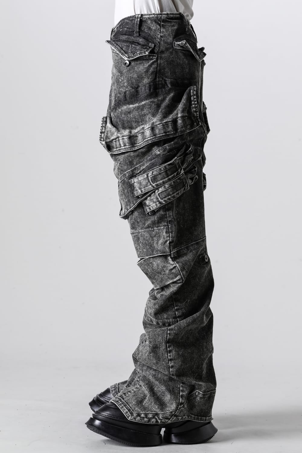 10.5oz Stretch Denim Wide Cargo Pants Acid Gray