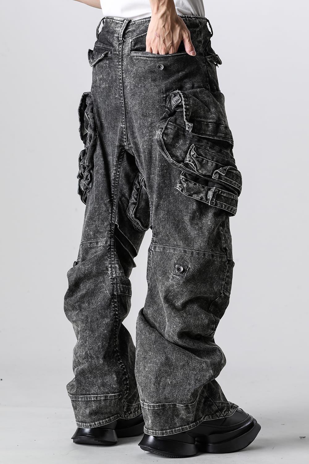 10.5oz Stretch Denim Wide Cargo Pants Acid Gray