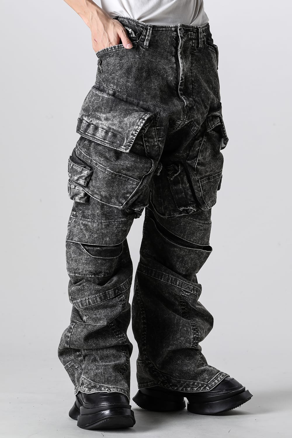 10.5oz Stretch Denim Wide Cargo Pants Acid Gray