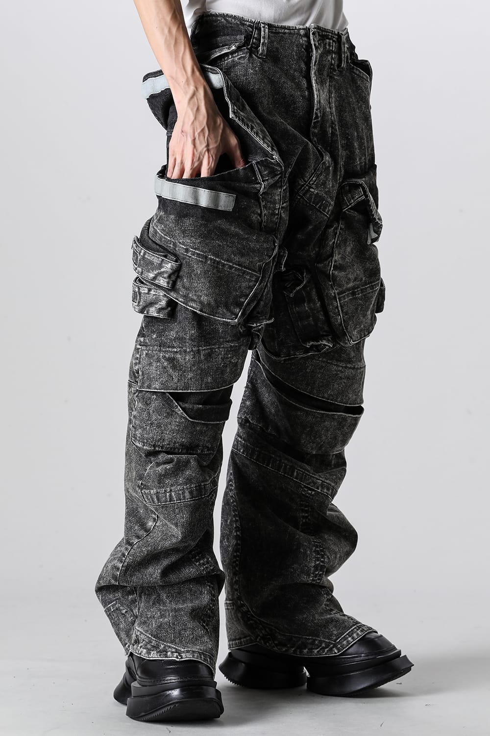 10.5oz Stretch Denim Wide Cargo Pants Acid Gray