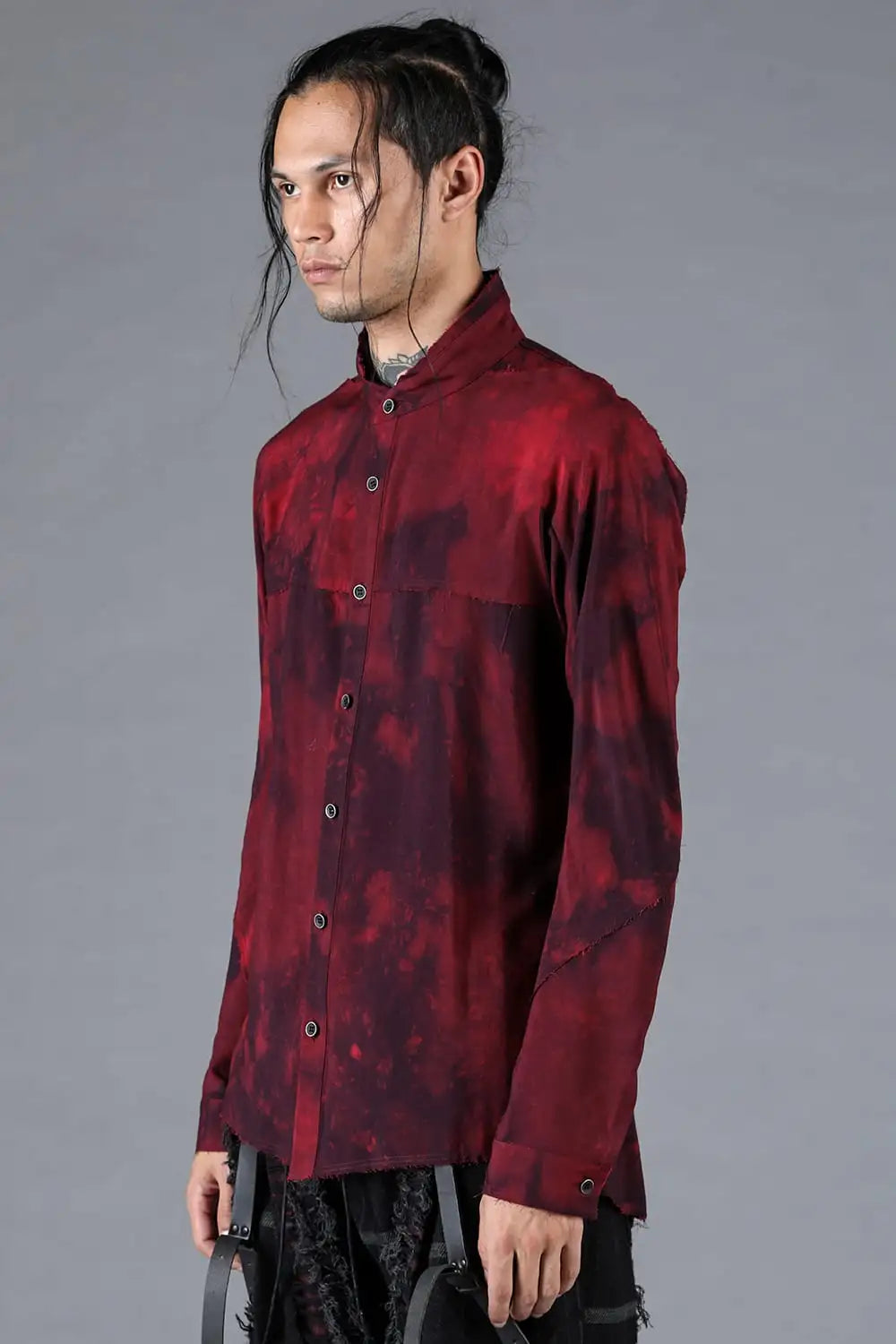 Rayon Twill Cut-Off Band Collar Shirt Red