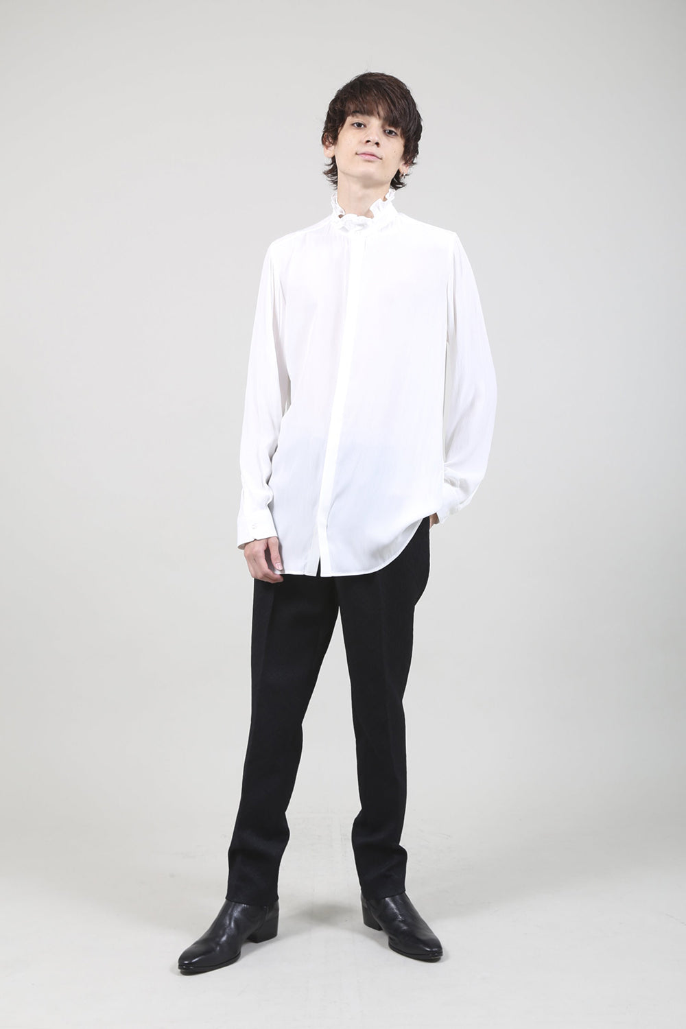 Dechine Stripe Jacquard Frill neck Shirt Off White