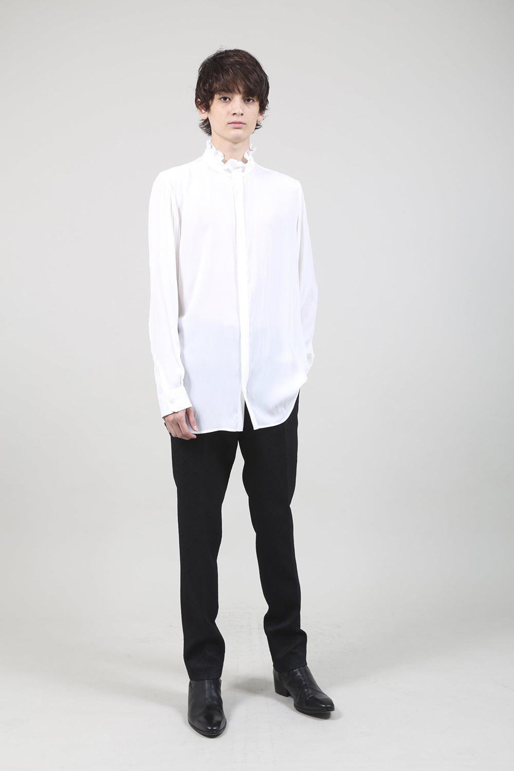 Dechine Stripe Jacquard Frill neck Shirt Off White