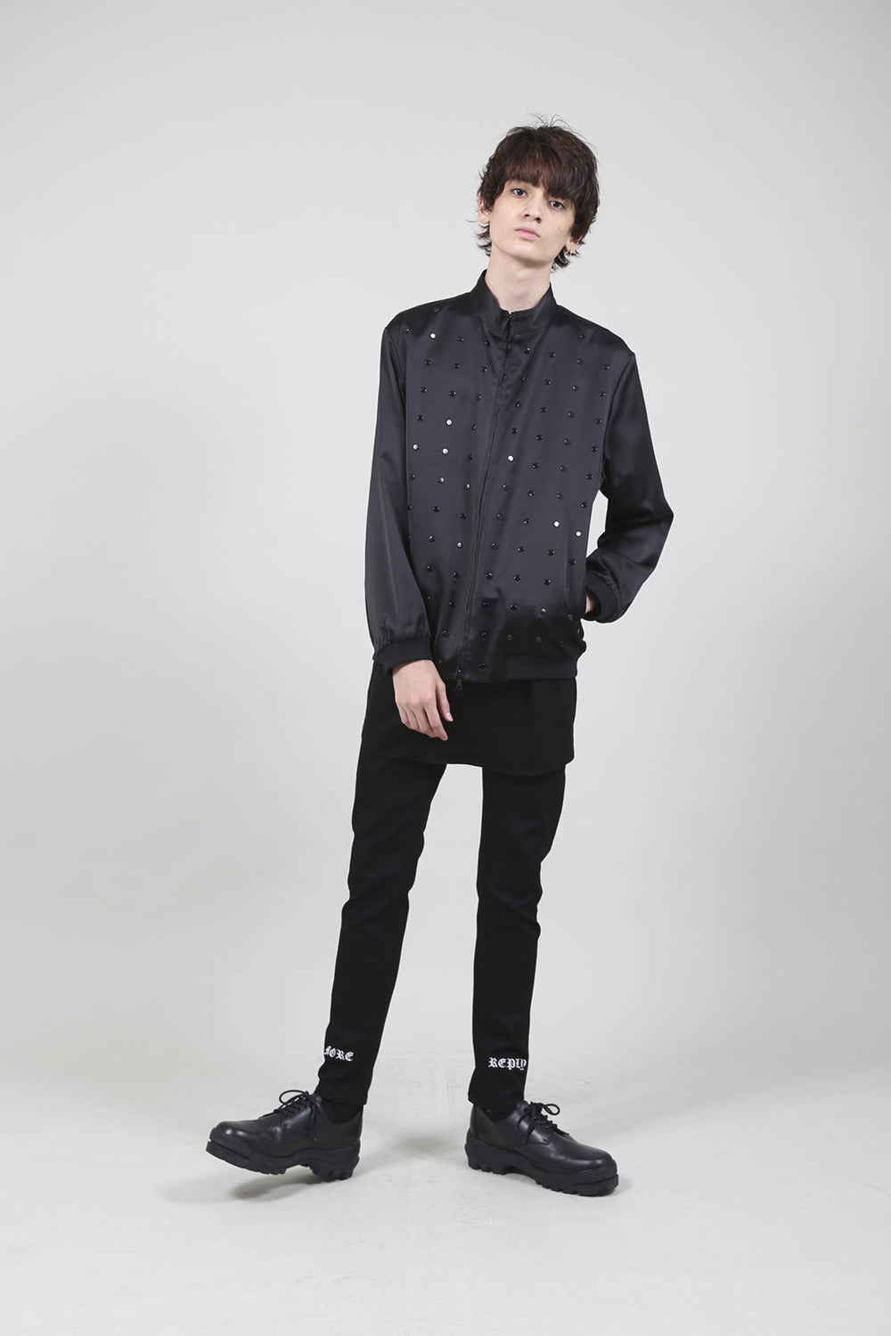 T/R Satin Studs Zip Up Blouson Black