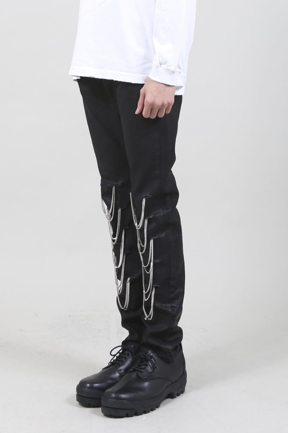 Silkete Shinny Denim Real Black Coating Chain Denim Pants