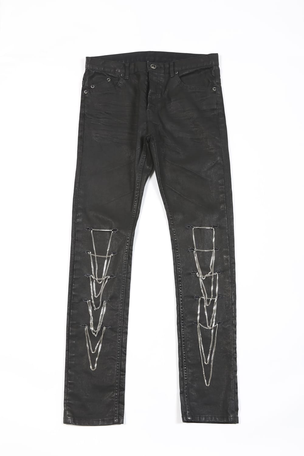 Silkete Shinny Denim Real Black Coating Chain Denim Pants