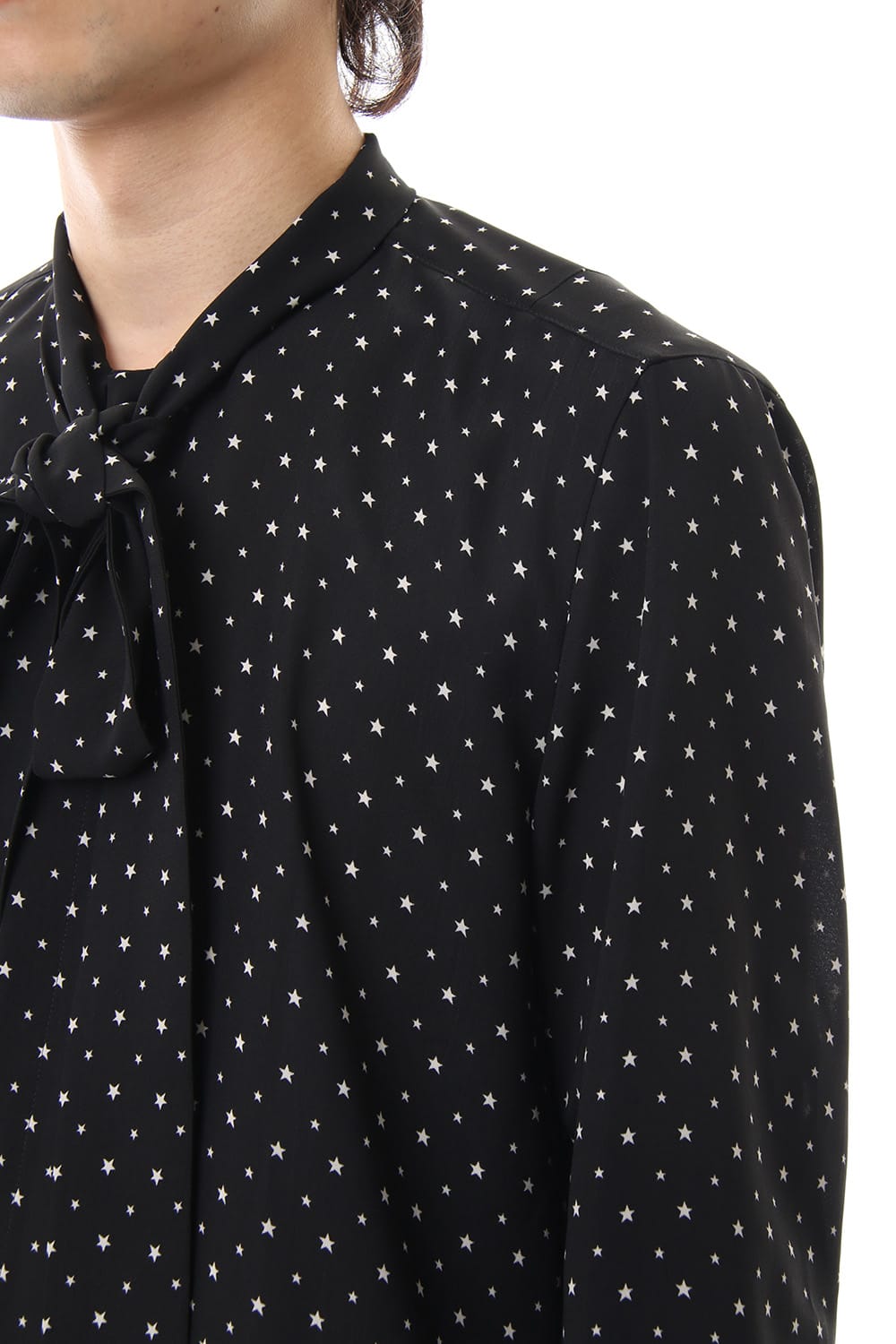 Chiffon star print tie neck shirt Black × Off White