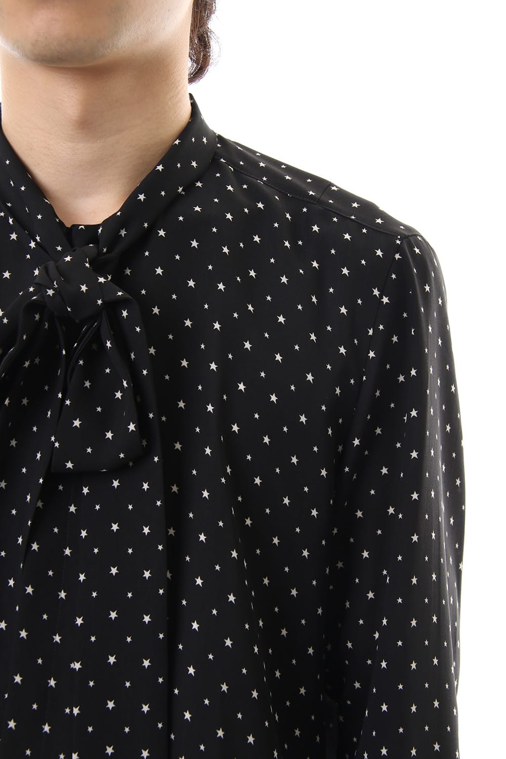 Chiffon star print tie neck shirt Black × Off White