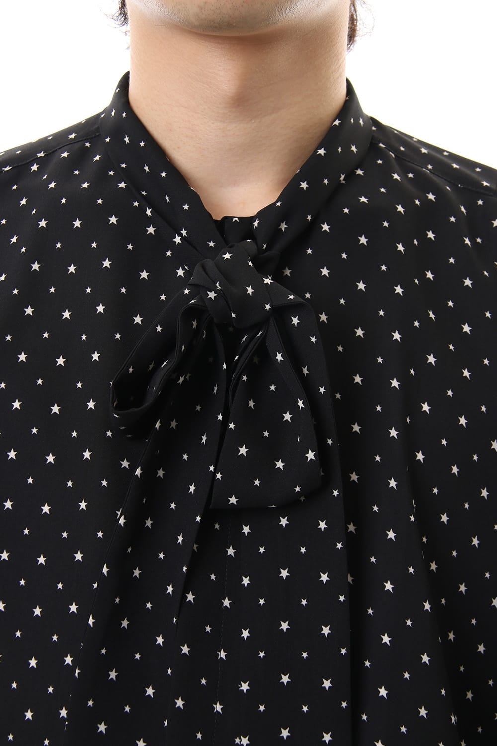 Chiffon star print tie neck shirt Black × Off White