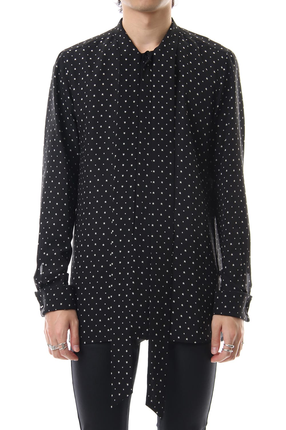 Chiffon star print tie neck shirt Black × Off White