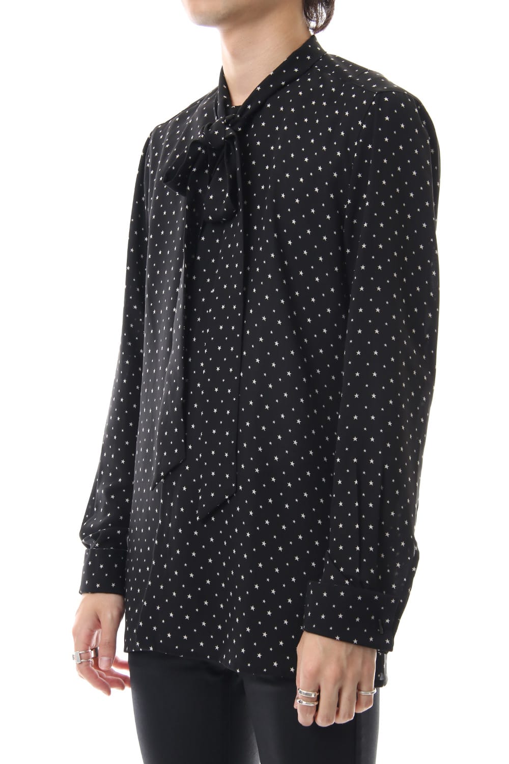 Chiffon star print tie neck shirt Black × Off White