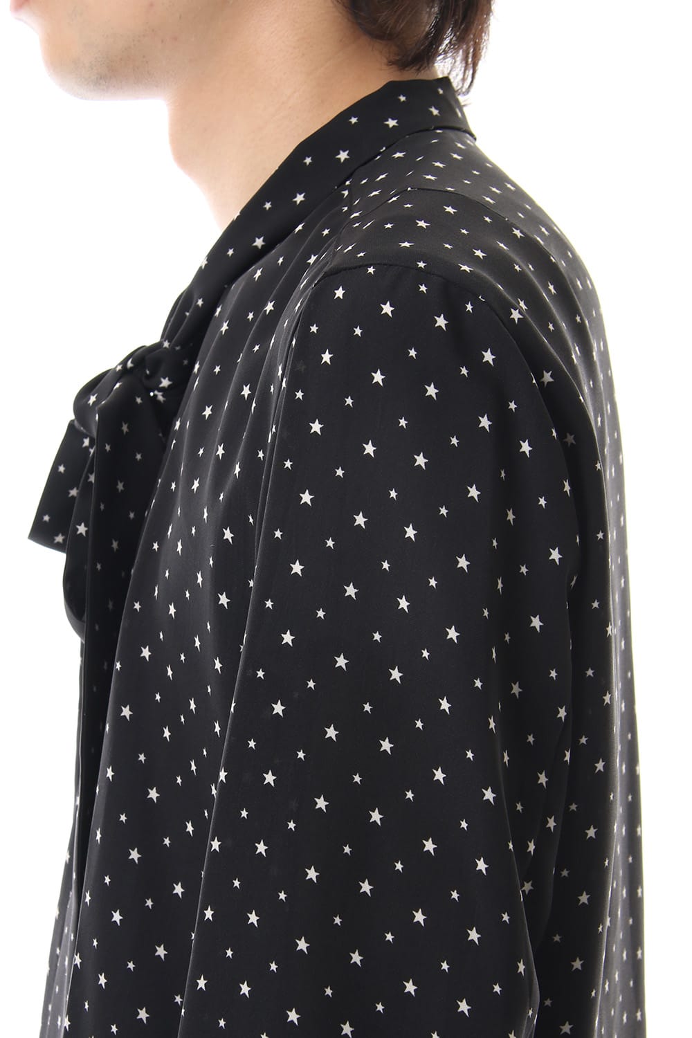 Chiffon star print tie neck shirt Black × Off White