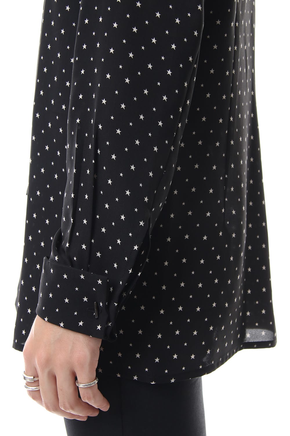 Chiffon star print tie neck shirt Black × Off White