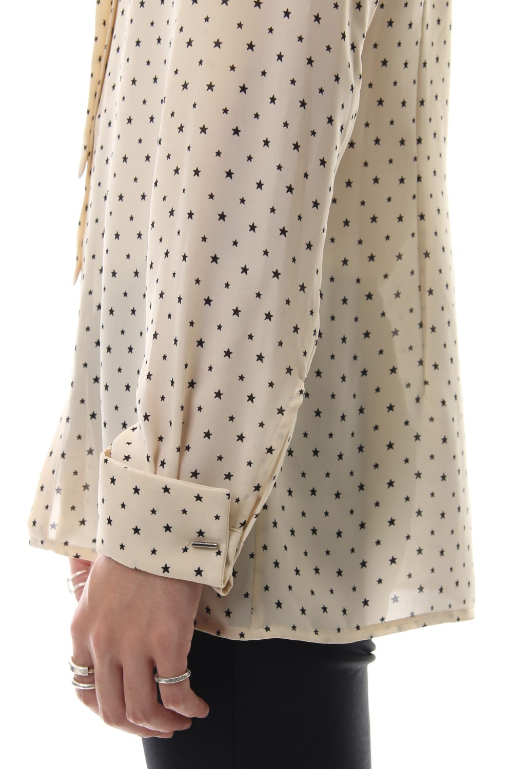 Chiffon star print tie neck shirt Cream × Black