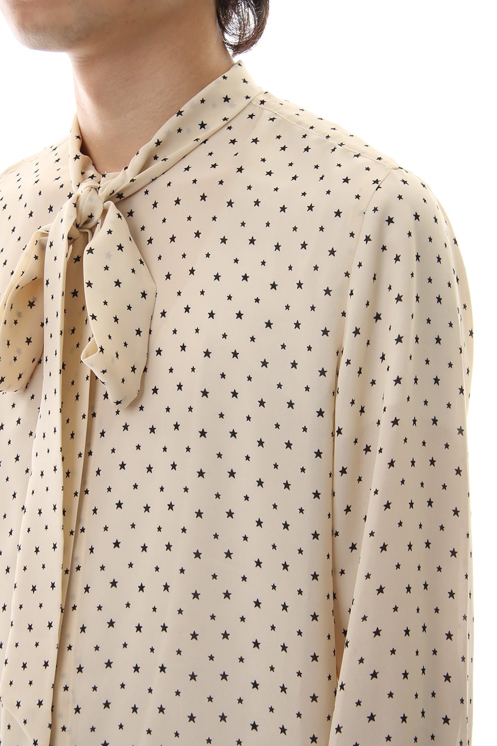 Chiffon star print tie neck shirt Cream × Black