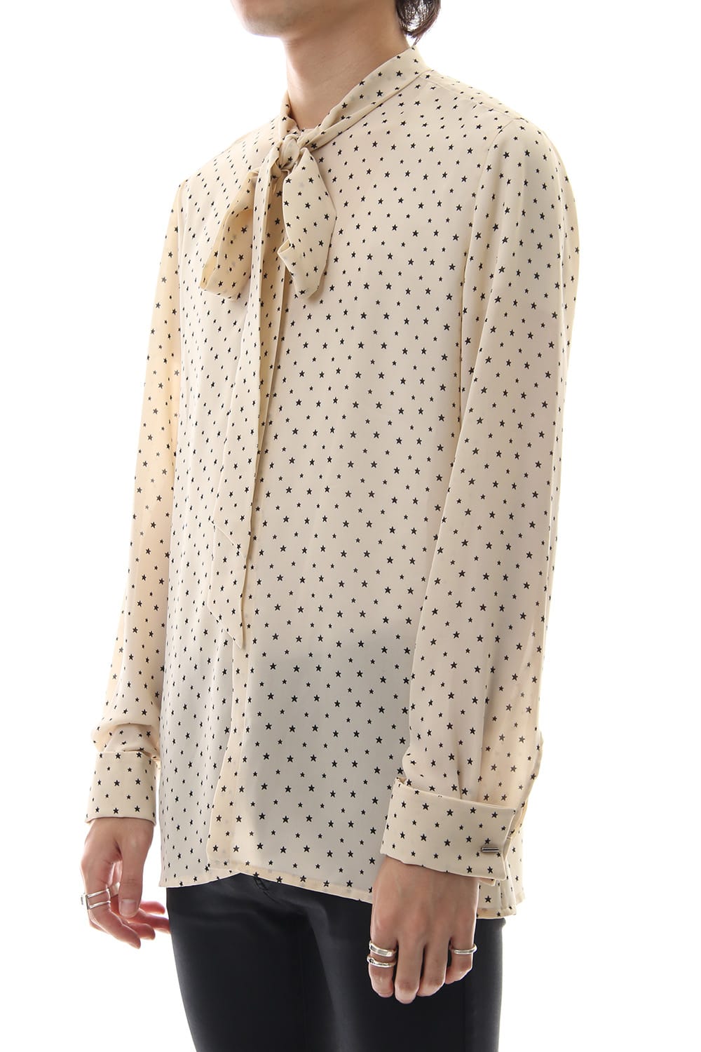 Chiffon star print tie neck shirt Cream × Black