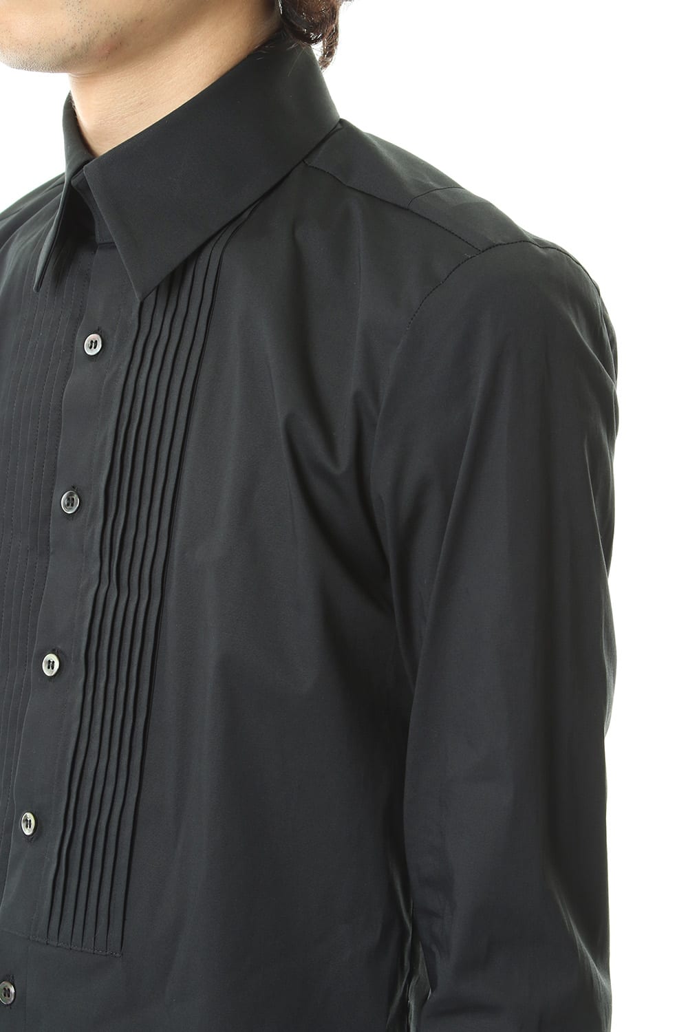 Broad cross stretch pleated bosom shirt Black