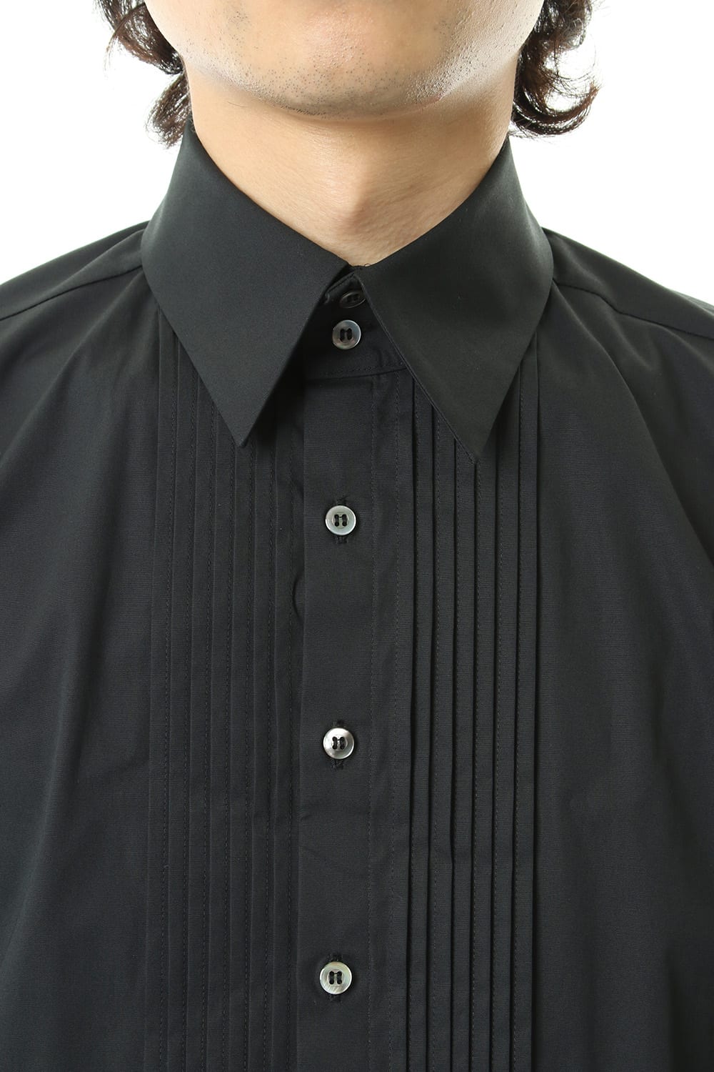 Broad cross stretch pleated bosom shirt Black