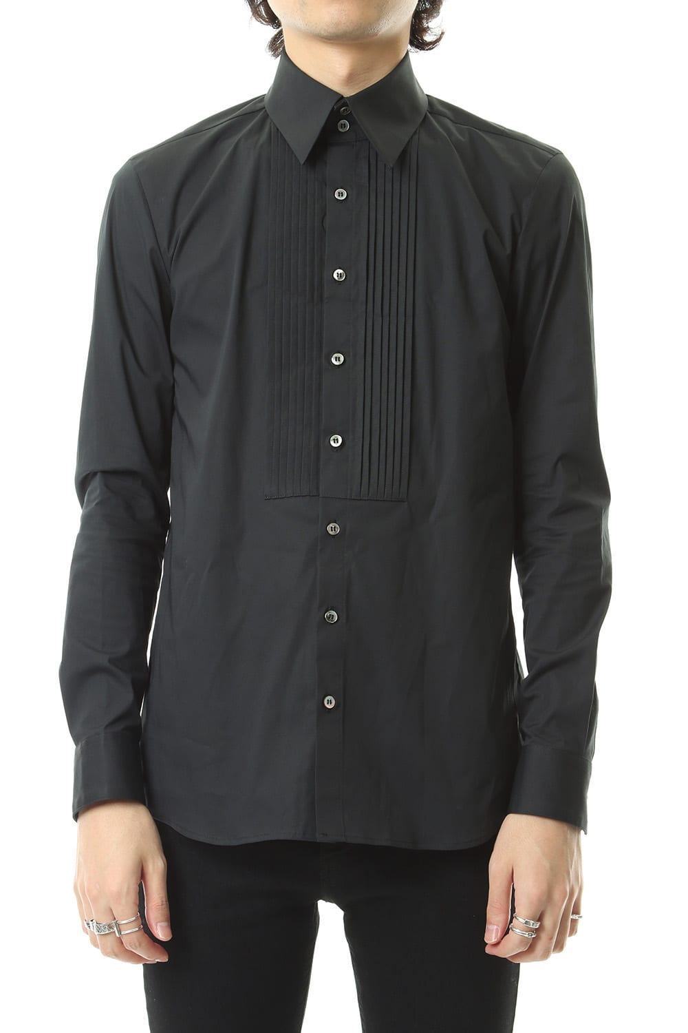 Broad cross stretch pleated bosom shirt Black