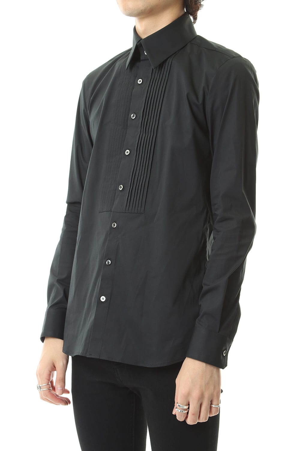 Broad cross stretch pleated bosom shirt Black