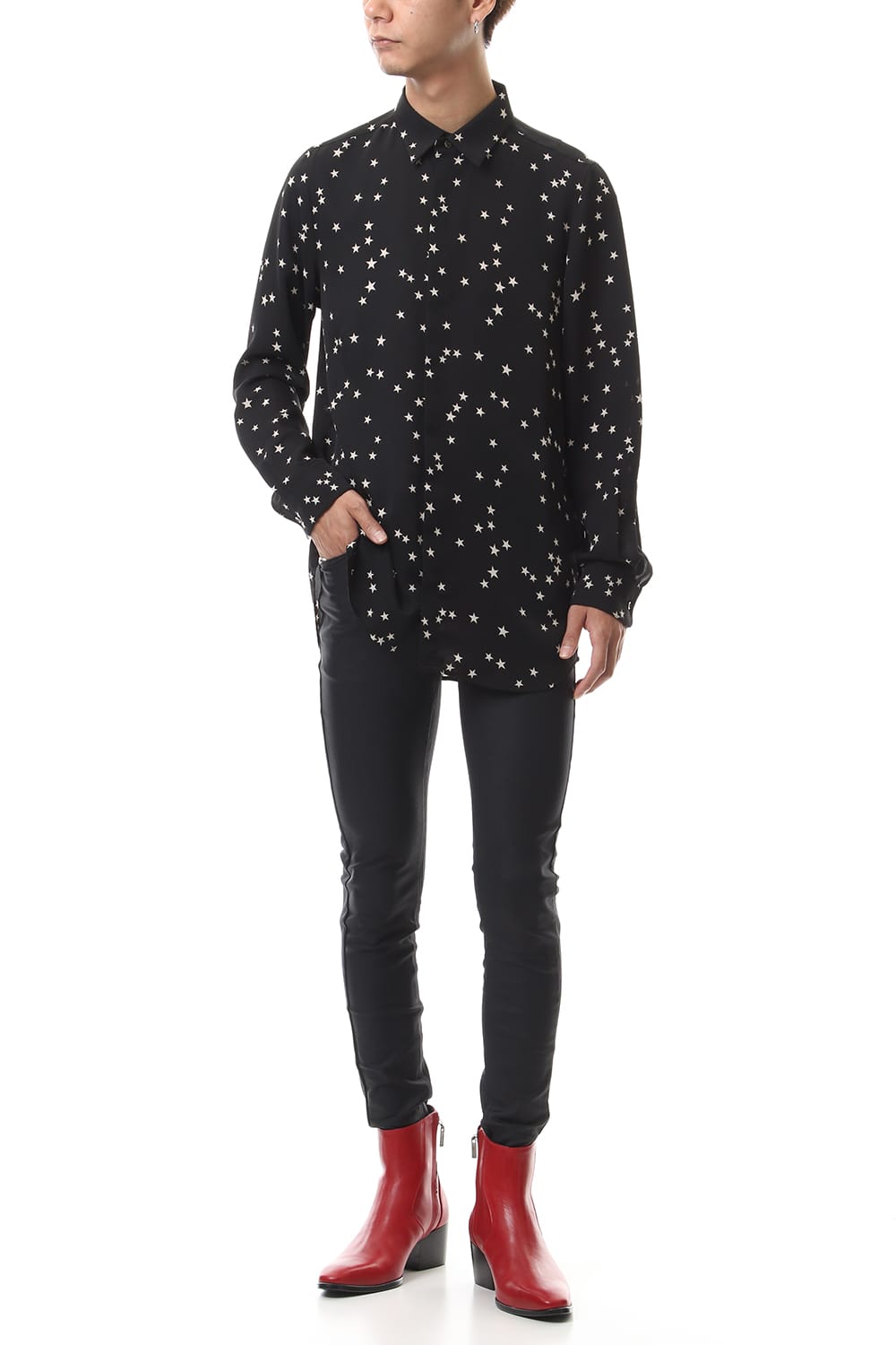 Chiffon Random Star Print Shirt Black × Cream