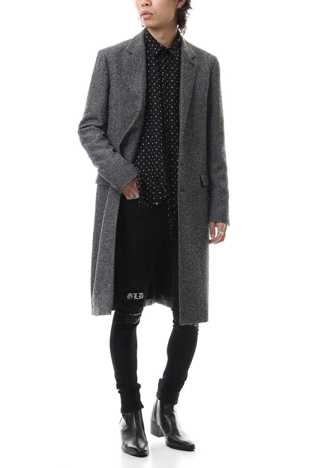 Loop yarn melange herringbone chesterfield coat