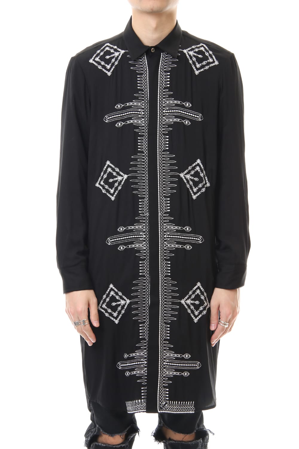 Ethnic embroidery long shirt Black × Off White