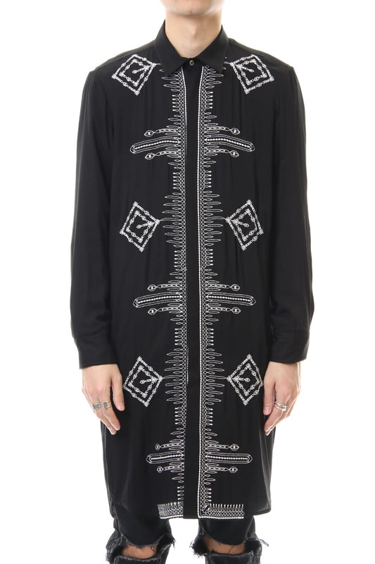 Ethnic embroidery long shirt Black × Off White