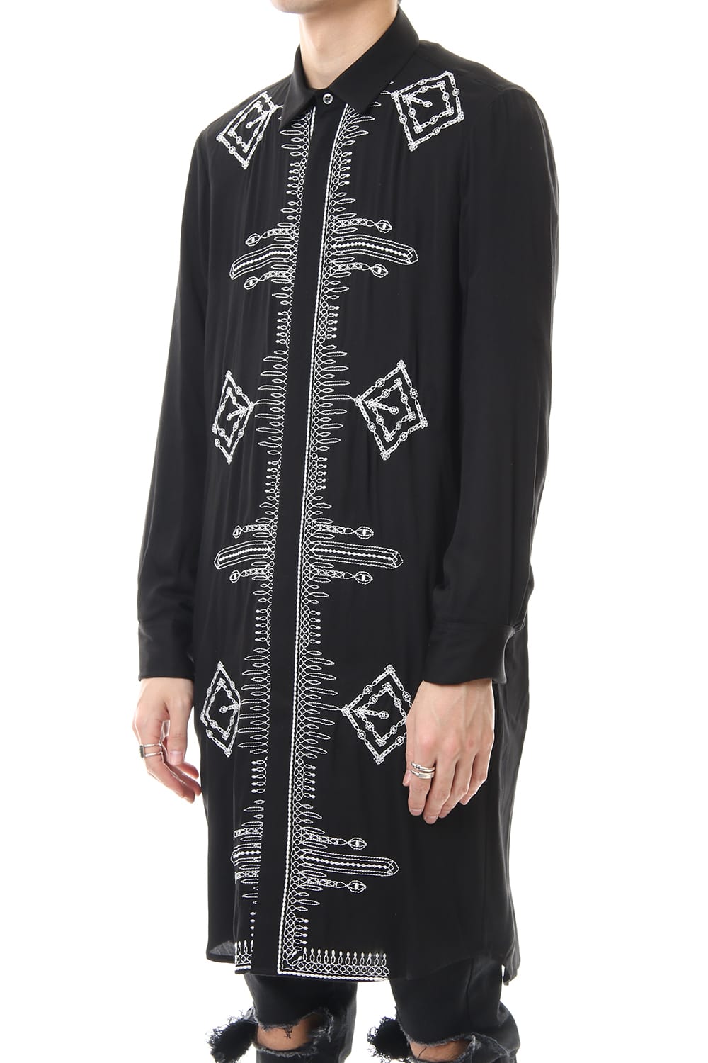 Ethnic embroidery long shirt Black × Off White