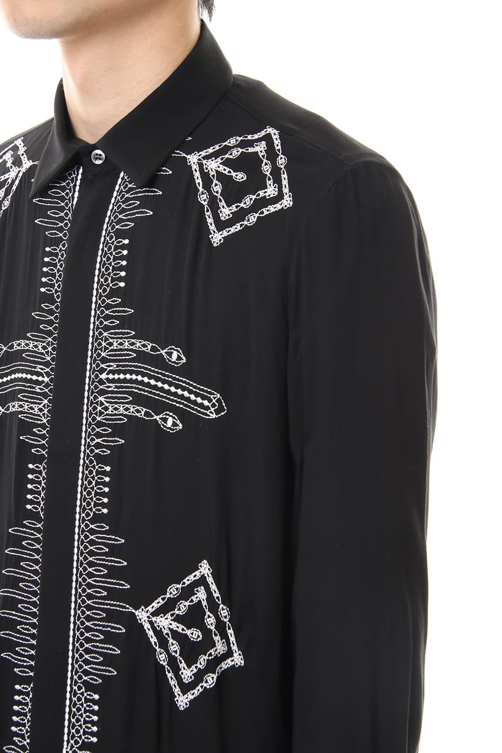 Ethnic embroidery long shirt Black × Off White