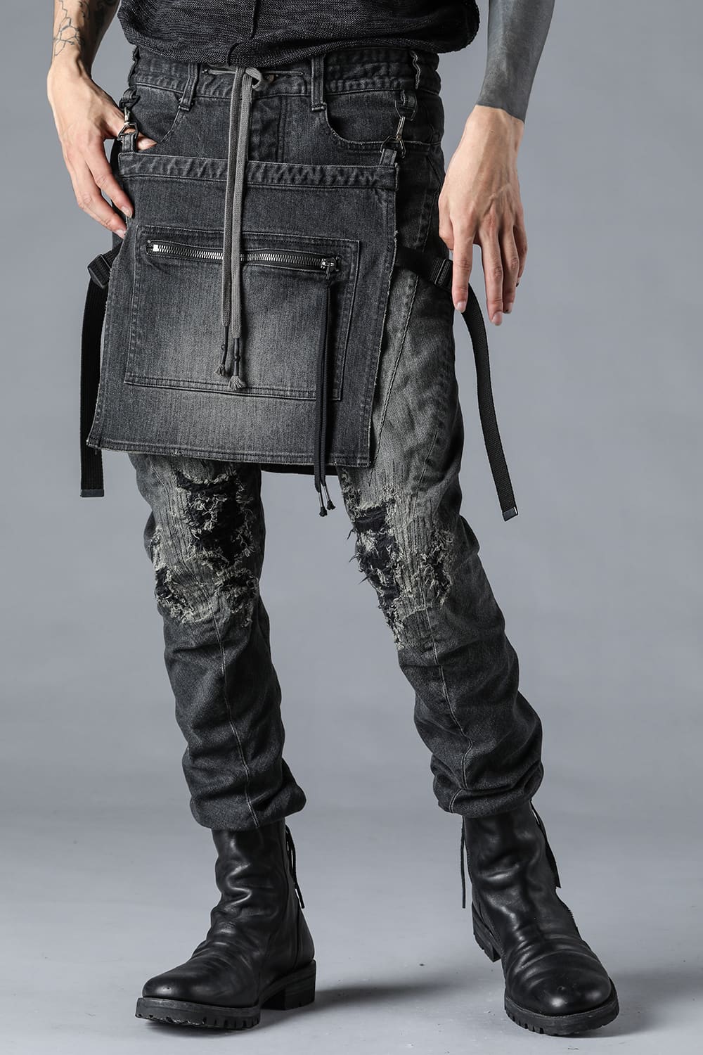 Bum Flap Distressed Denim Drop Crotch Slim Pants