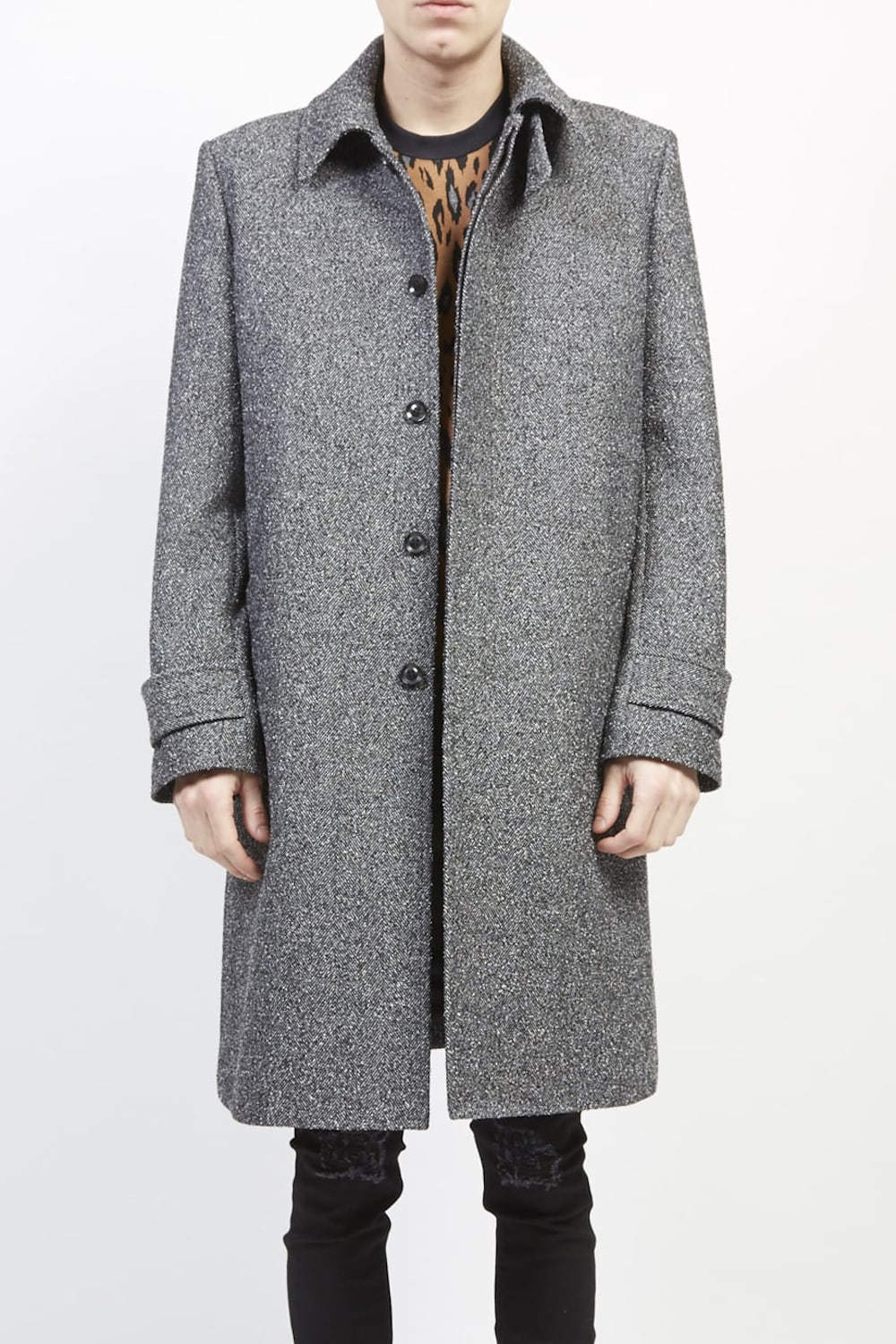 Loop yarn melange herringbone soutien collar coat