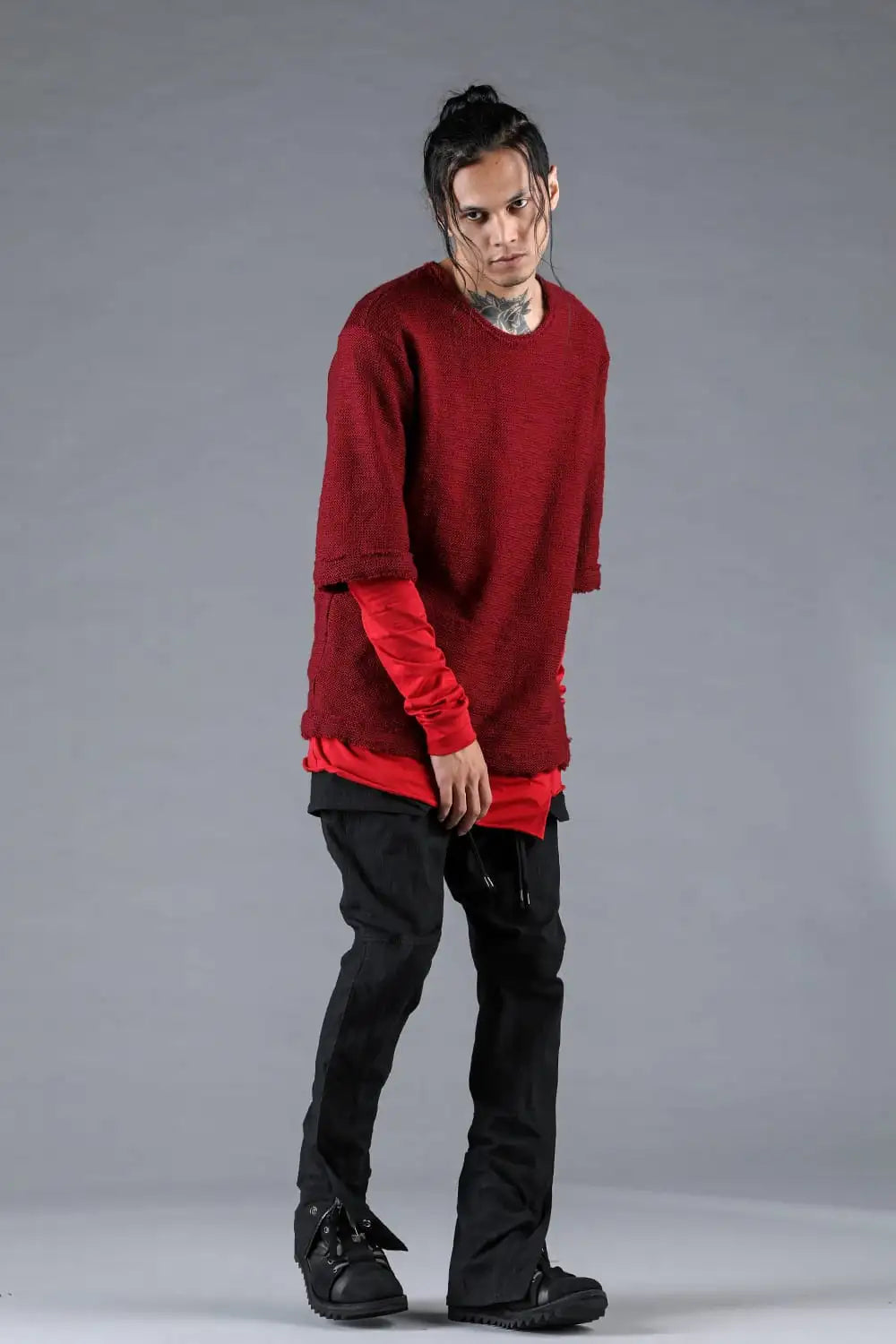 ローゲージニット×コットンジャージレイヤードTシャツ レッド