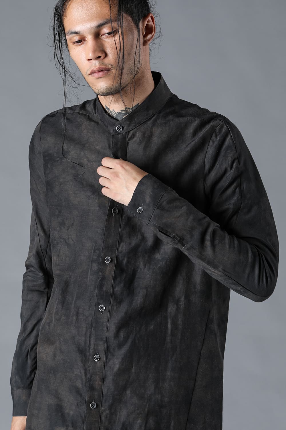 Uneven Dyed Linen x Rayon Band Collar Shirt