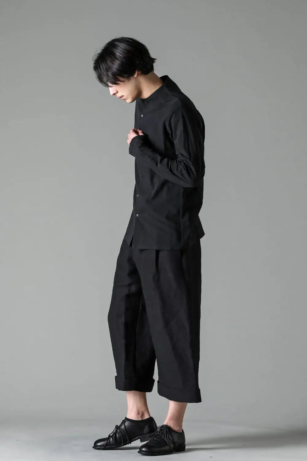 ノーカラーシャツ コットンリネン