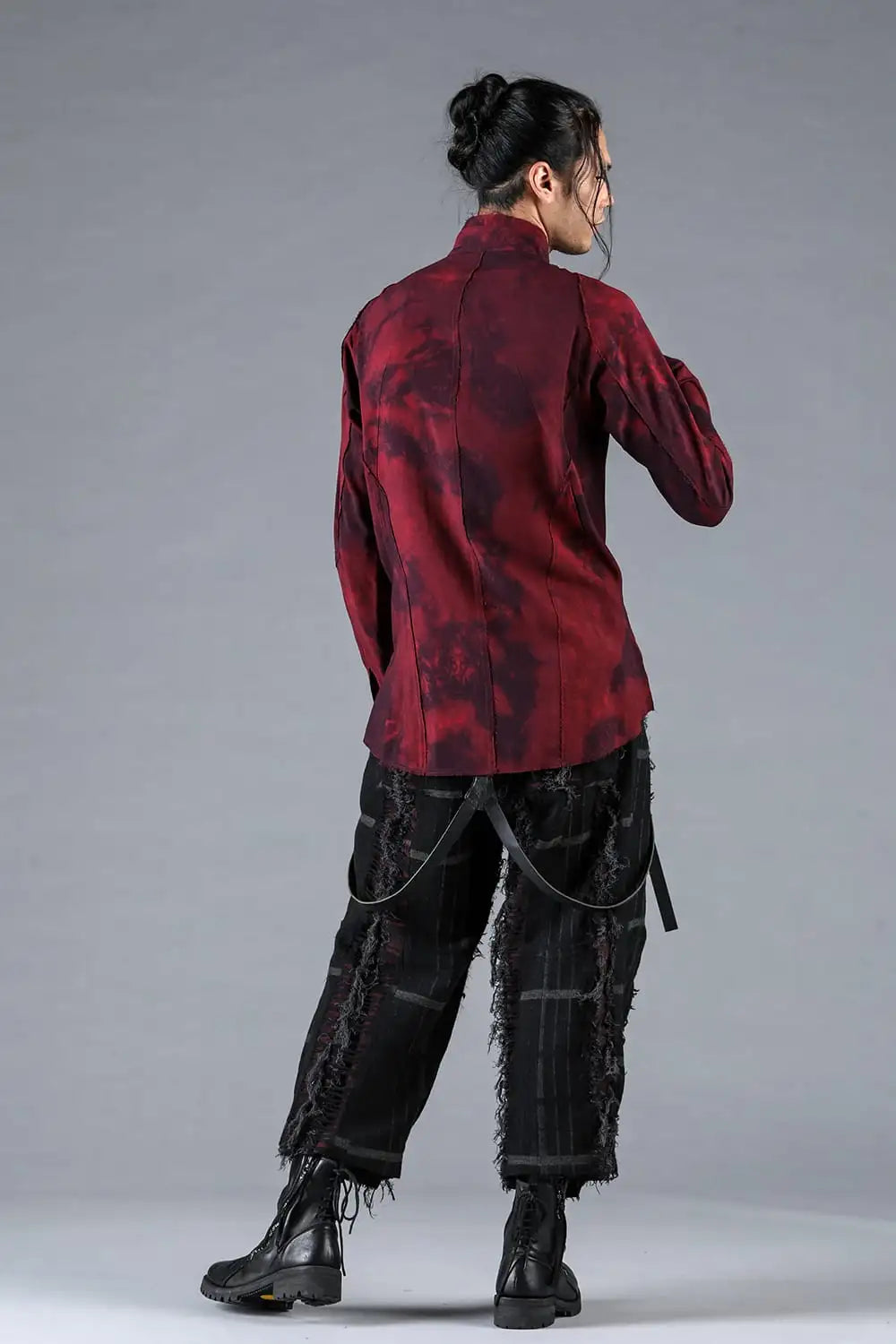 Rayon Twill Cut-Off Band Collar Shirt Red