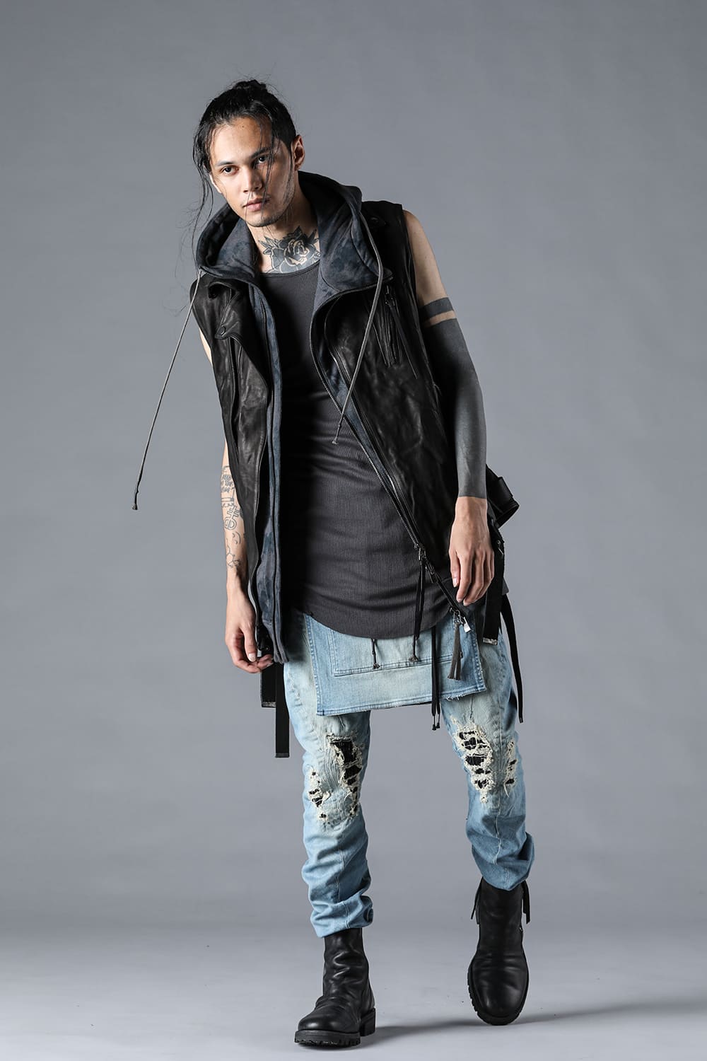 Bum Flap Distressed Denim Drop Crotch Slim Pants