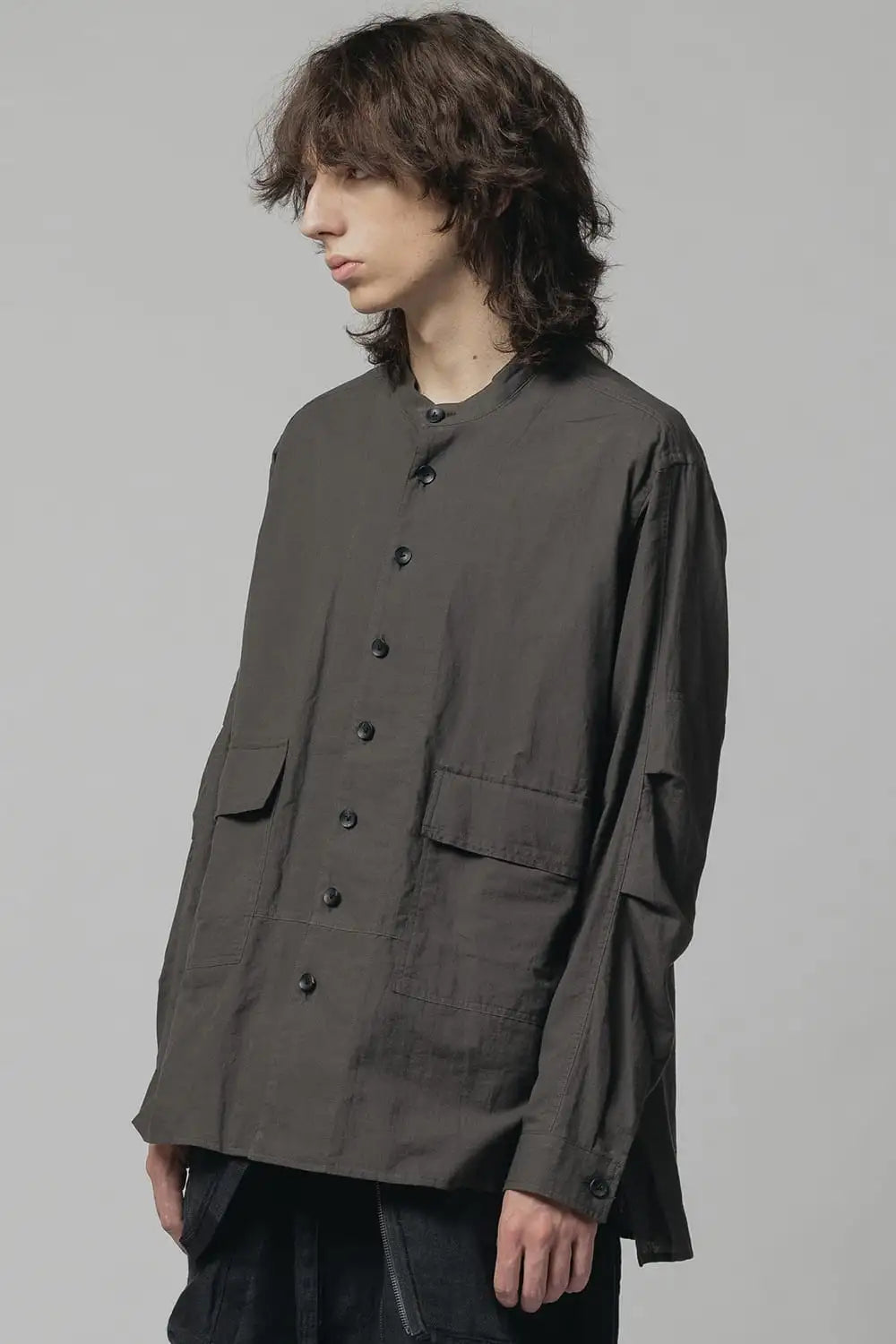 Cotton/Linen Band Collar Shirt  Olive Drab